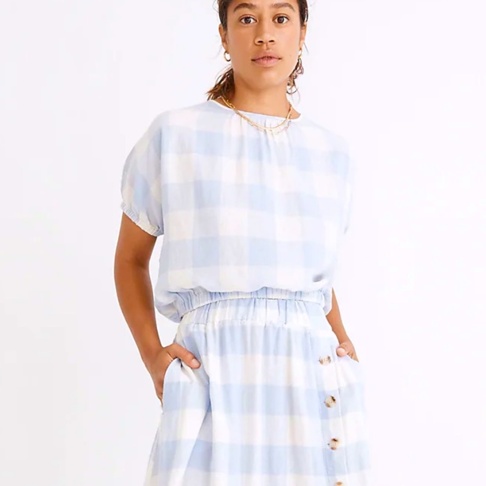 Madewell Plus Linen-Blend Michele Bubble Top in Gingham Check NWT